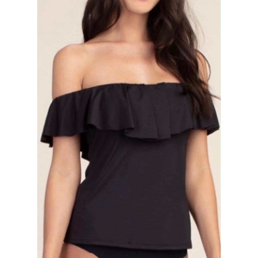 Trina Turk Black Off Shoulder Ruffle Tankini Swim Top 6 NWT